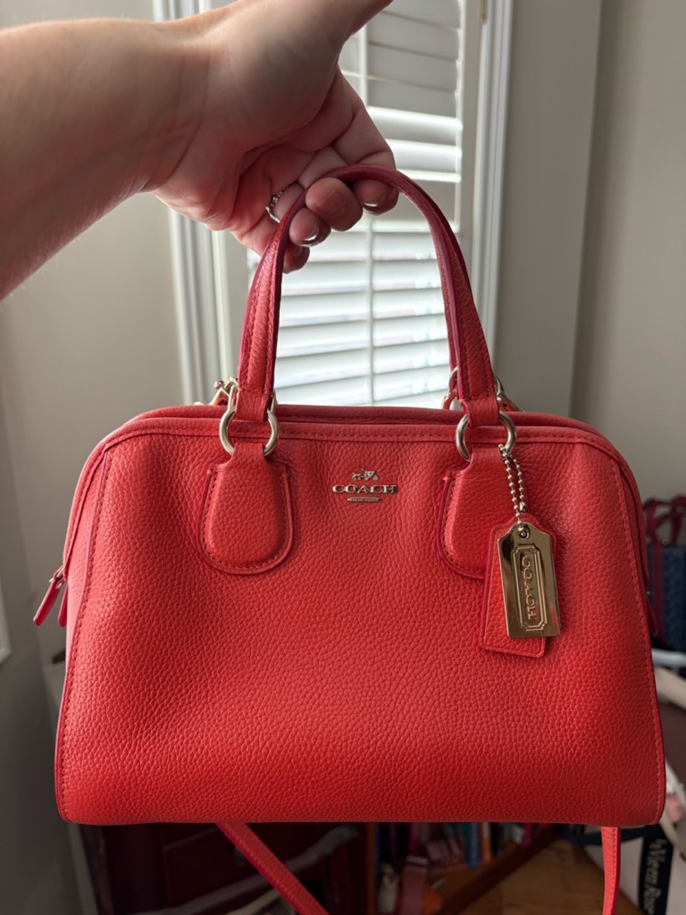 Coach Pebbled Leather Satchel - Coral Red - Picture 2 of 7
